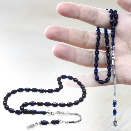 Sıkma Kehribar Tesbih - 925 Ayar Gümüş Püsküllü - Mini Boy - Lacivert Renk - Arpa Kesim - Tesbihane