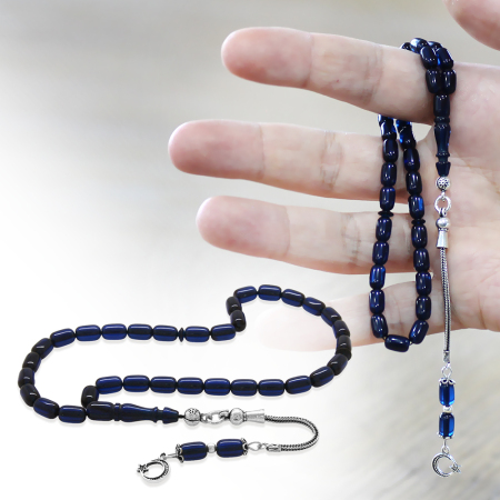 Sıkma Kehribar Tesbih - 925 Ayar Gümüş Püsküllü - Mini Boy - Lacivert Renk - Kapsül Kesim - Tesbihane