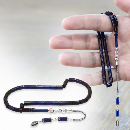 Sıkma Kehribar Tesbih - 925 Ayar Gümüş Püsküllü - Mini Boy - Mavi Siyah Renk - Kesme Kesim - Tesbihane