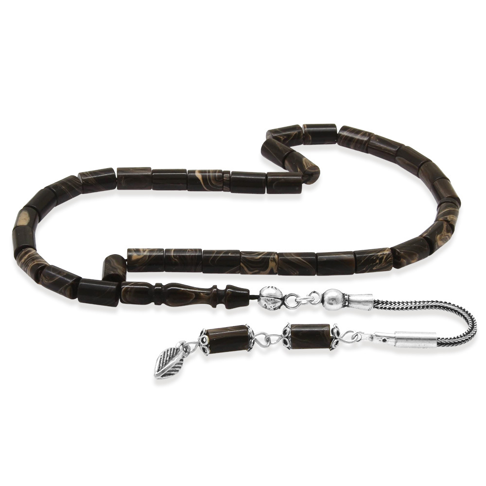 Sıkma Kehribar Tesbih - 925 Ayar Gümüş Püsküllü - Mini Boy - Ebruli Renk - Kesme Kesim - 4