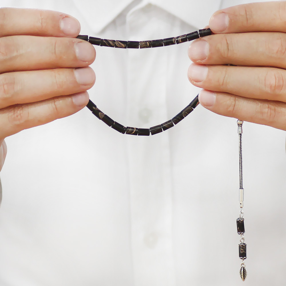 Sıkma Kehribar Tesbih - 925 Ayar Gümüş Püsküllü - Mini Boy - Ebruli Renk - Kesme Kesim - 3