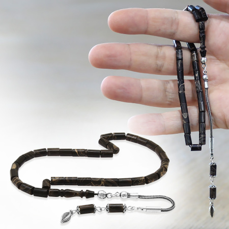 Sıkma Kehribar Tesbih - 925 Ayar Gümüş Püsküllü - Mini Boy - Ebruli Renk - Kesme Kesim - Tesbihane