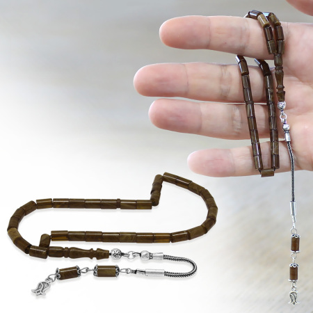 Sıkma Kehribar Tesbih - 925 Ayar Gümüş Püsküllü - Mini Boy - Kahverengi Beyaz - Kesme Kesim - Tesbihane