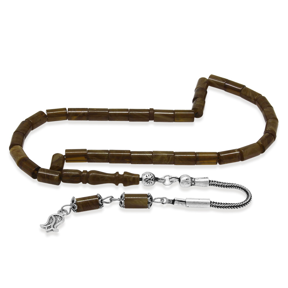 Sıkma Kehribar Tesbih - 925 Ayar Gümüş Püsküllü - Mini Boy - Kahverengi Beyaz - Kesme Kesim - 4