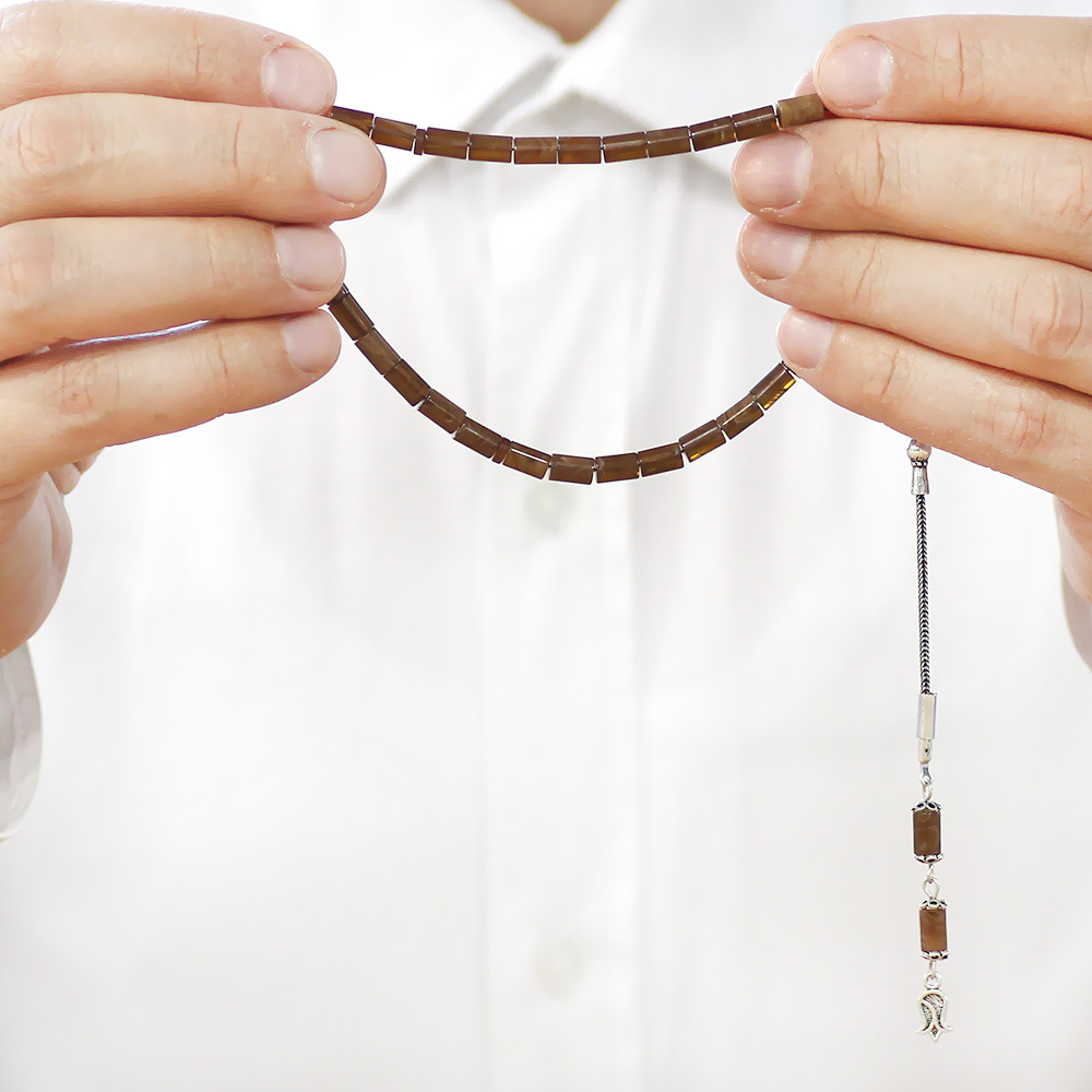 Sıkma Kehribar Tesbih - 925 Ayar Gümüş Püsküllü - Mini Boy - Kahverengi Beyaz - Kesme Kesim - 3