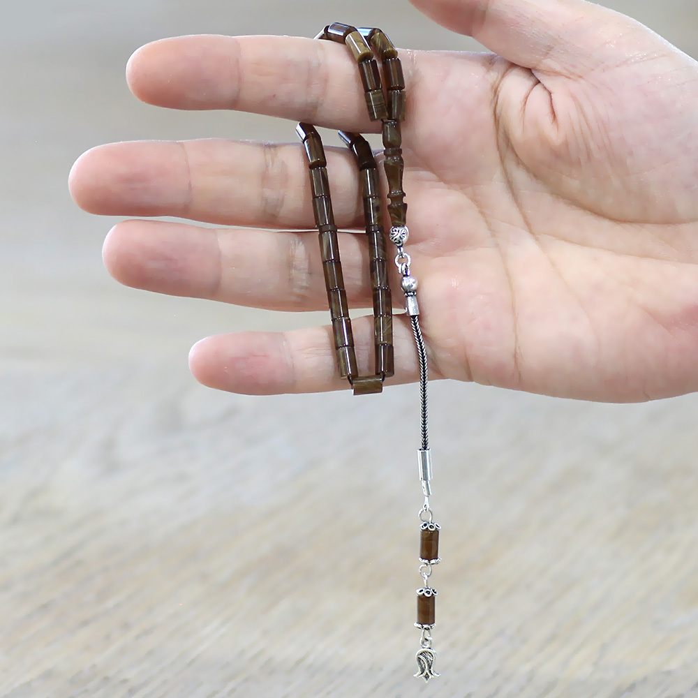 Sıkma Kehribar Tesbih - 925 Ayar Gümüş Püsküllü - Mini Boy - Kahverengi Beyaz - Kesme Kesim - 2