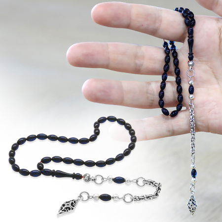 Sıkma Kehribar Tesbih - Kararmaz Metal Arnavut Püsküllü - Mini Boy - Lacivert Renk - Arpa Kesim - Tesbihane