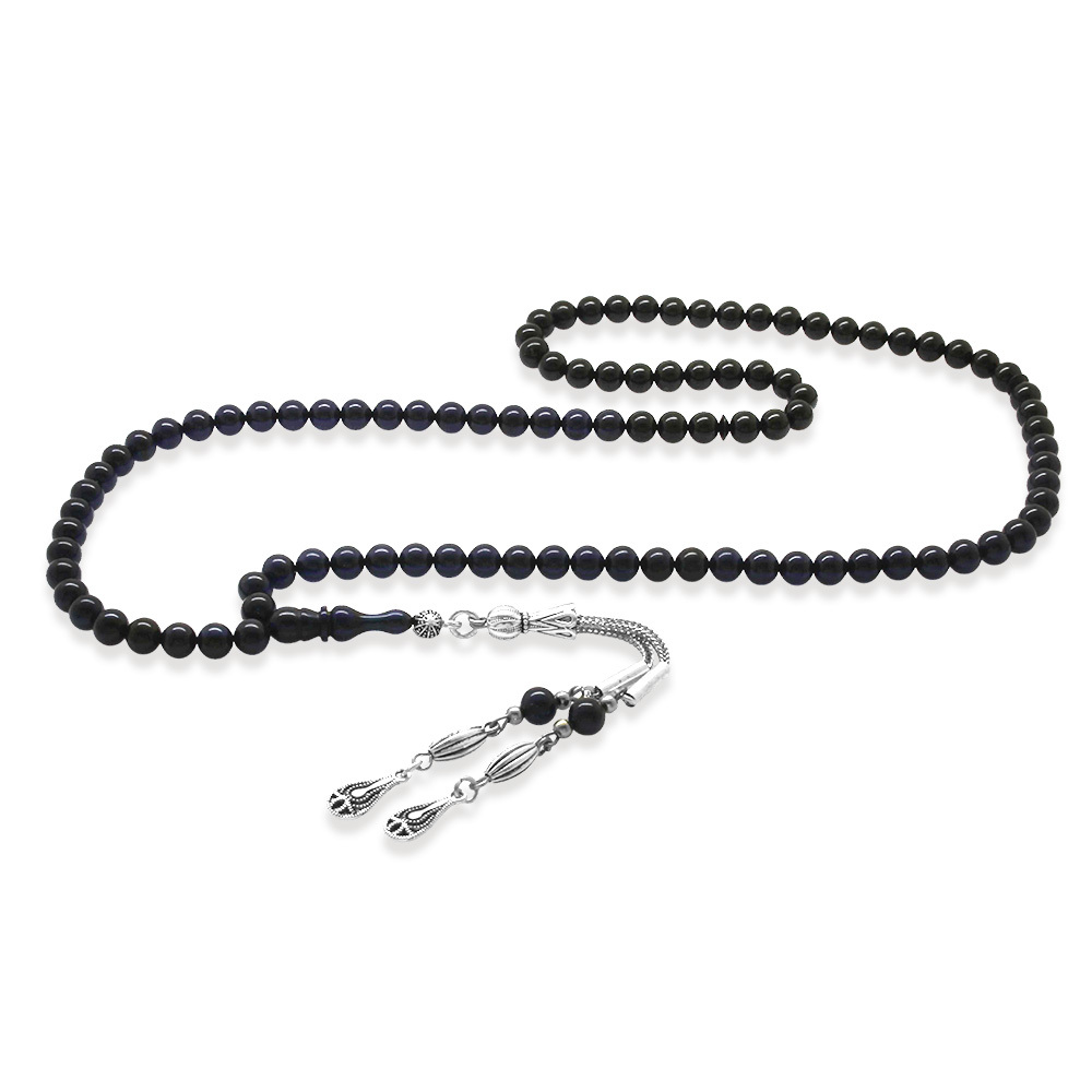 Sıkma Kehribar Namaz Tesbihi - Kararmaz Metal Püsküllü - Bilek Boy - Süzme Mavi Siyah - Küre Kesim - 4