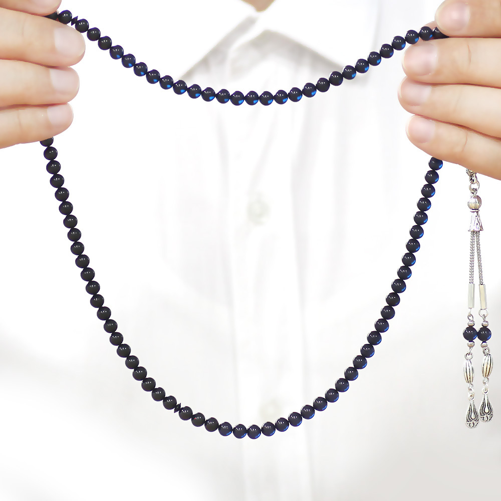 Sıkma Kehribar Namaz Tesbihi - Kararmaz Metal Püsküllü - Bilek Boy - Süzme Mavi Siyah - Küre Kesim - 3