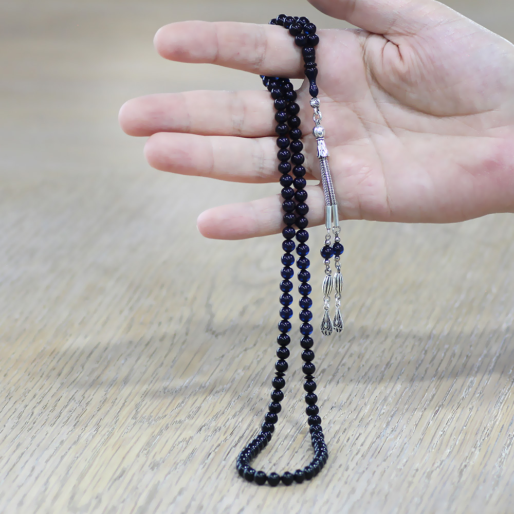 Sıkma Kehribar Namaz Tesbihi - Kararmaz Metal Püsküllü - Bilek Boy - Süzme Mavi Siyah - Küre Kesim - 2