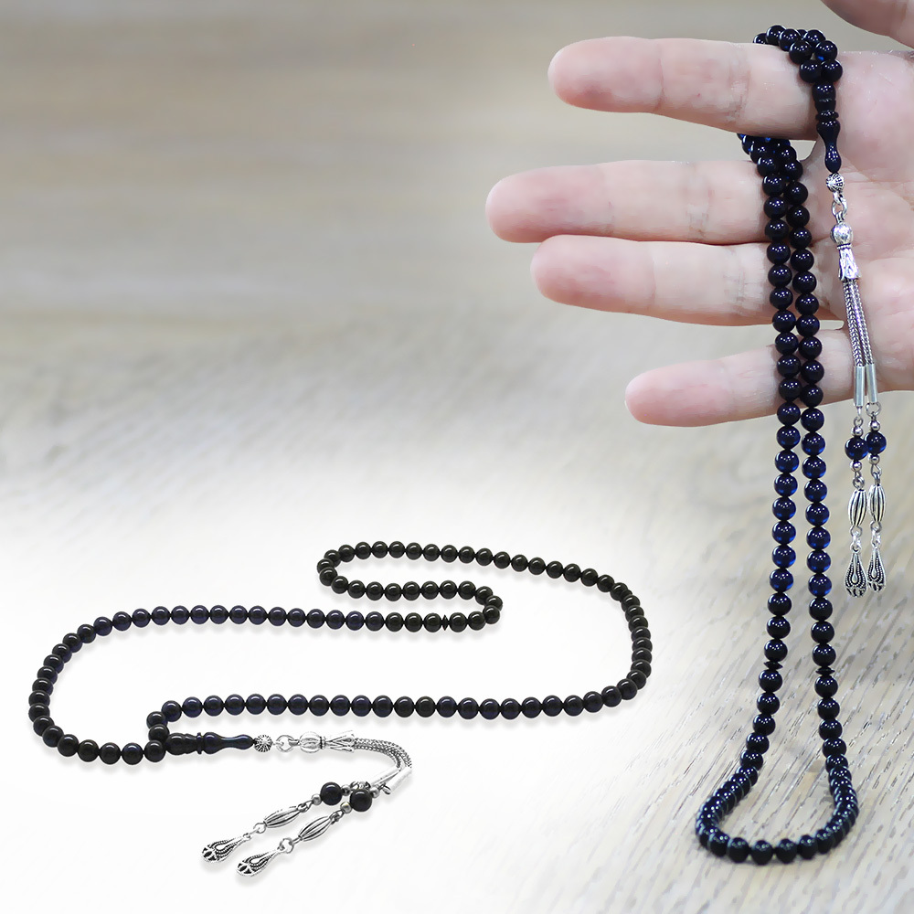 Sıkma Kehribar Namaz Tesbihi - Kararmaz Metal Püsküllü - Bilek Boy - Süzme Mavi Siyah - Küre Kesim - 1