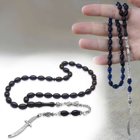Sıkma Kehribar Tesbih - Metal Püsküllü - Lacivert Renk - Zülfikar Uçlu İsme Özel Yazılı - Arpa Kesim - Tesbihane