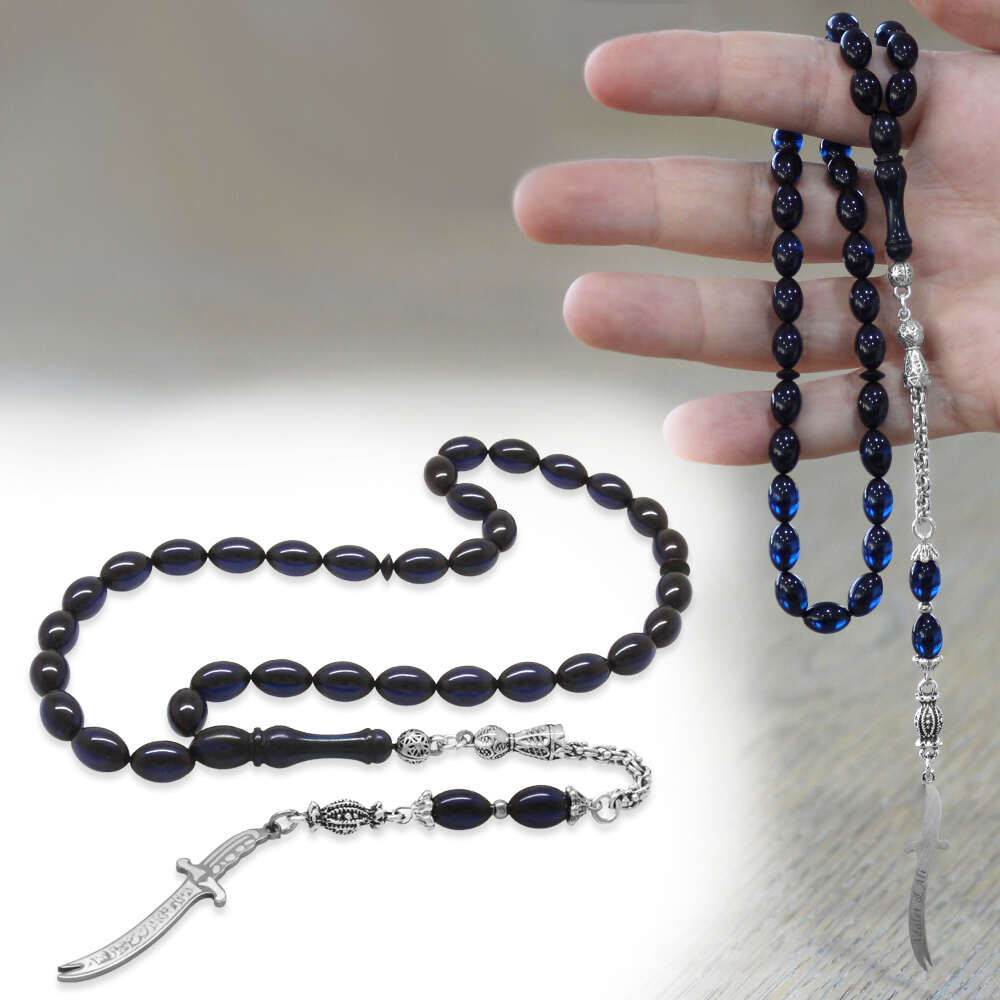 Sıkma Kehribar Tesbih - Metal Püsküllü - Lacivert Renk - Zülfikar Uçlu İsme Özel Yazılı - Arpa Kesim - 1