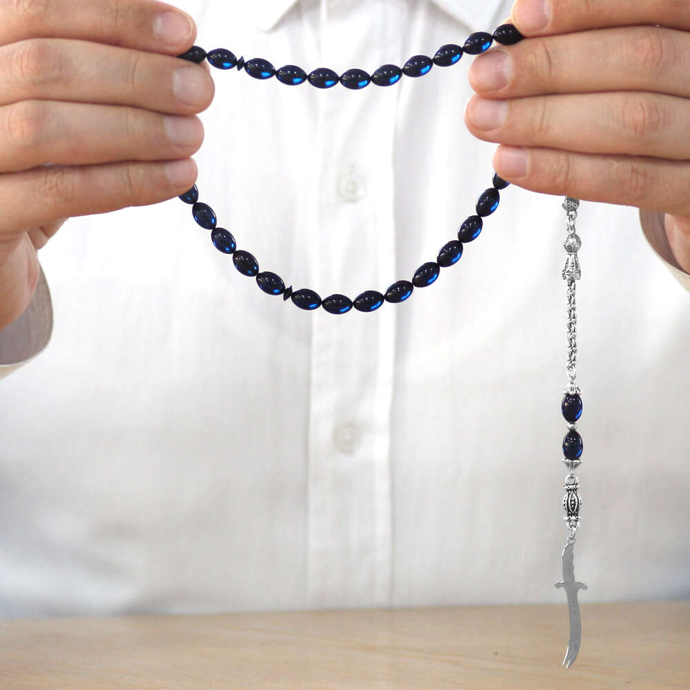 Sıkma Kehribar Tesbih - Metal Püsküllü - Lacivert Renk - Zülfikar Uçlu İsme Özel Yazılı - Arpa Kesim - 3