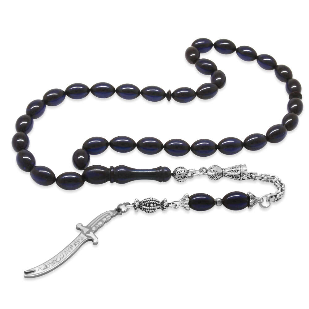 Sıkma Kehribar Tesbih - Metal Püsküllü - Lacivert Renk - Zülfikar Uçlu İsme Özel Yazılı - Arpa Kesim - 5