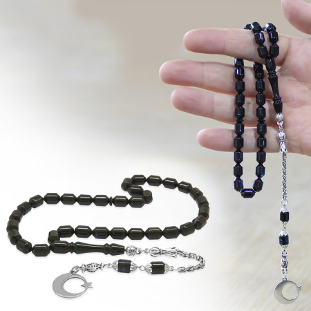 Sıkma Kehribar Tesbih - Metal Püsküllü - Mavi Siyah Renk - İsme Özel Yazılı - Kapsül Kesim - Tesbihane