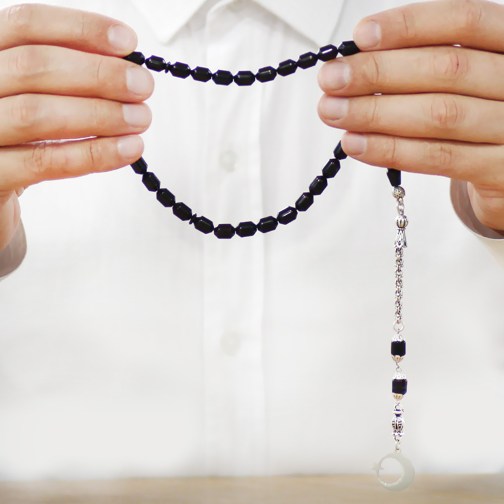 Sıkma Kehribar Tesbih - Metal Püsküllü - Mavi Siyah Renk - İsme Özel Yazılı - Kapsül Kesim - 3