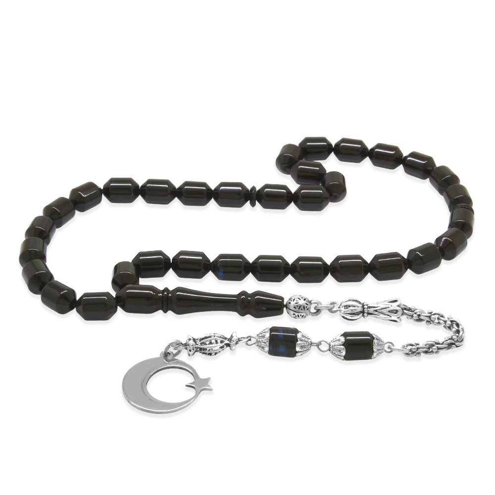 Sıkma Kehribar Tesbih - Metal Püsküllü - Mavi Siyah Renk - İsme Özel Yazılı - Kapsül Kesim - 4