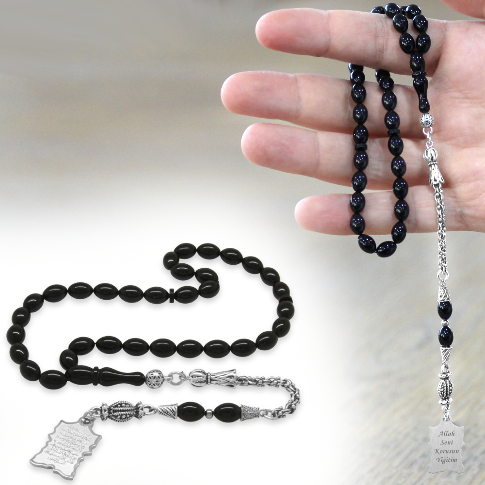 Sıkma Kehribar Tesbih - Metal Püsküllü - Siyah - Ayetel Kürsi Uçlu İsme Özel Yazılı - Arpa Kesim - 1
