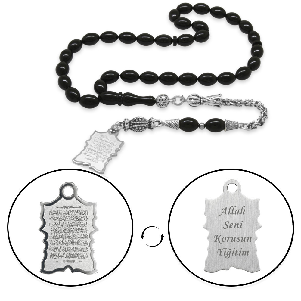 Sıkma Kehribar Tesbih - Metal Püsküllü - Siyah - Ayetel Kürsi Uçlu İsme Özel Yazılı - Arpa Kesim - 4