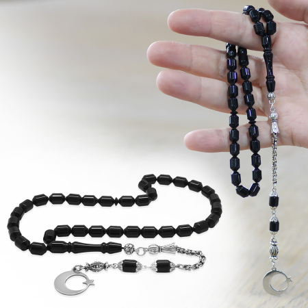 Sıkma Kehribar Tesbih - Metal Püsküllü - Siyah Renk - İsme Özel Yazılı - Kapsül Kesim - Tesbihane