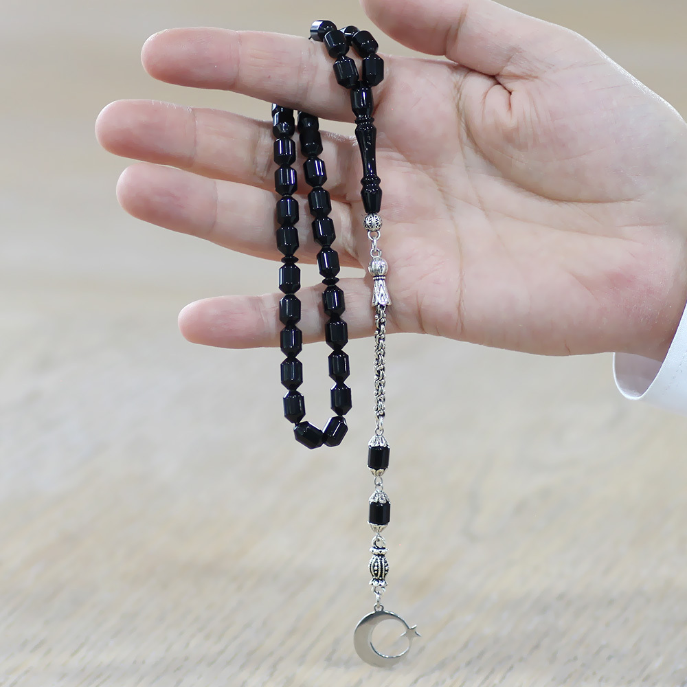 Sıkma Kehribar Tesbih - Metal Püsküllü - Siyah Renk - İsme Özel Yazılı - Kapsül Kesim - 2