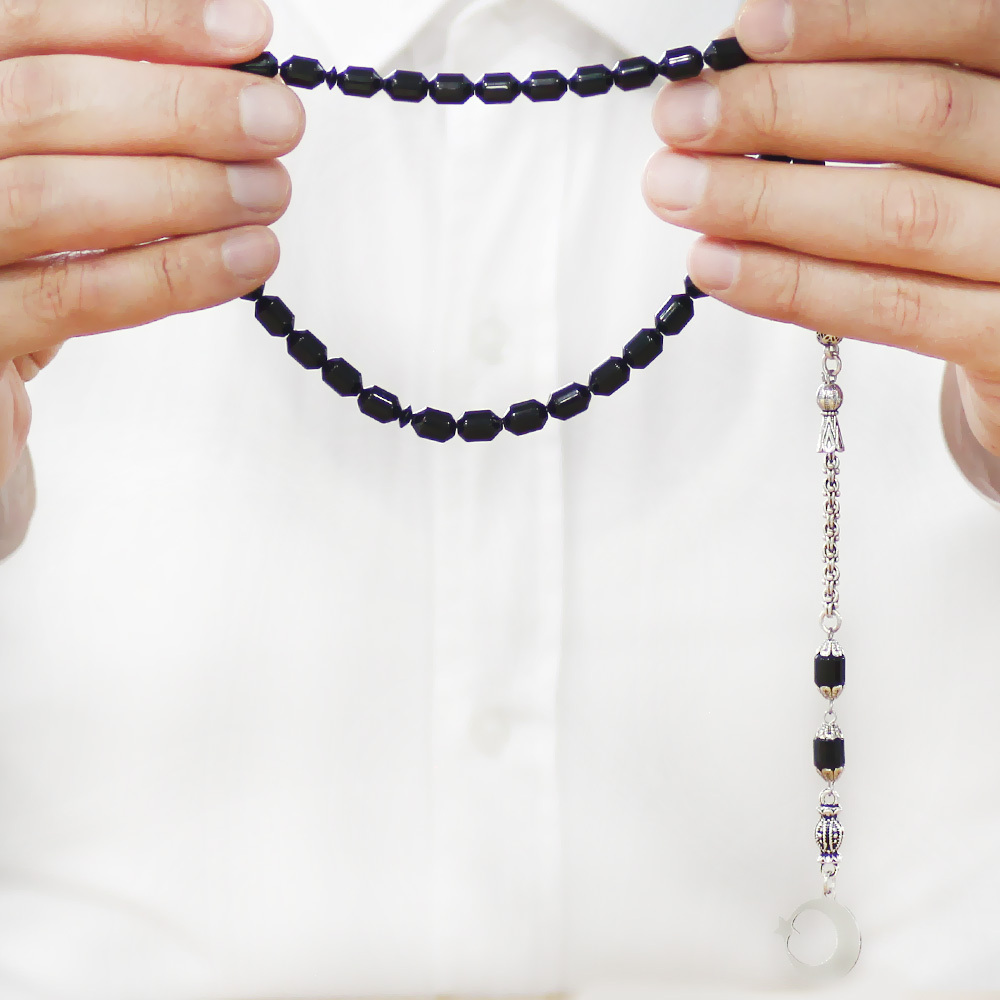 Sıkma Kehribar Tesbih - Metal Püsküllü - Siyah Renk - İsme Özel Yazılı - Kapsül Kesim - 3