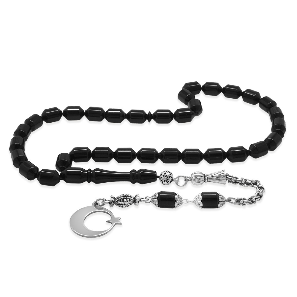 Sıkma Kehribar Tesbih - Metal Püsküllü - Siyah Renk - İsme Özel Yazılı - Kapsül Kesim - 4