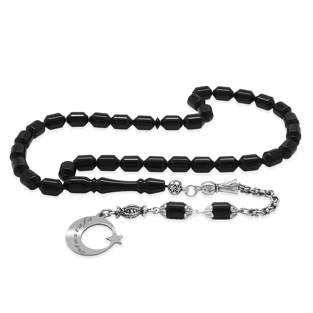 Sıkma Kehribar Tesbih - Metal Püsküllü - Siyah Renk - İsme Özel Yazılı - Kapsül Kesim - 5