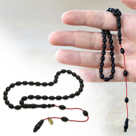 Sıkma Kehribar Tesbih - Sistemli - Mini Boy - Siyah Renk - Arpa Kesim - Tesbihane