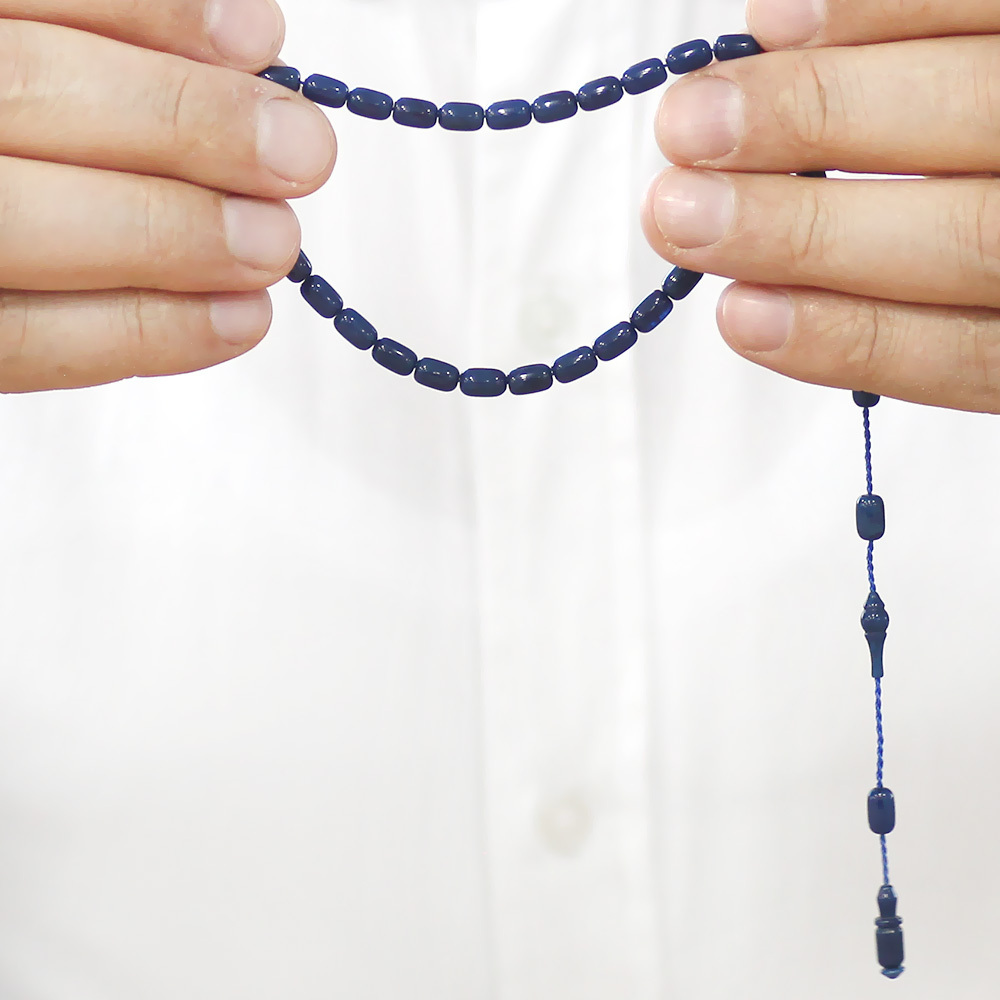 Sıkma Kehribar Tesbih - Sistemli Tasarım - Mini Boy - Mavi Beyaz Hareli - Kapsül Kesim - 3