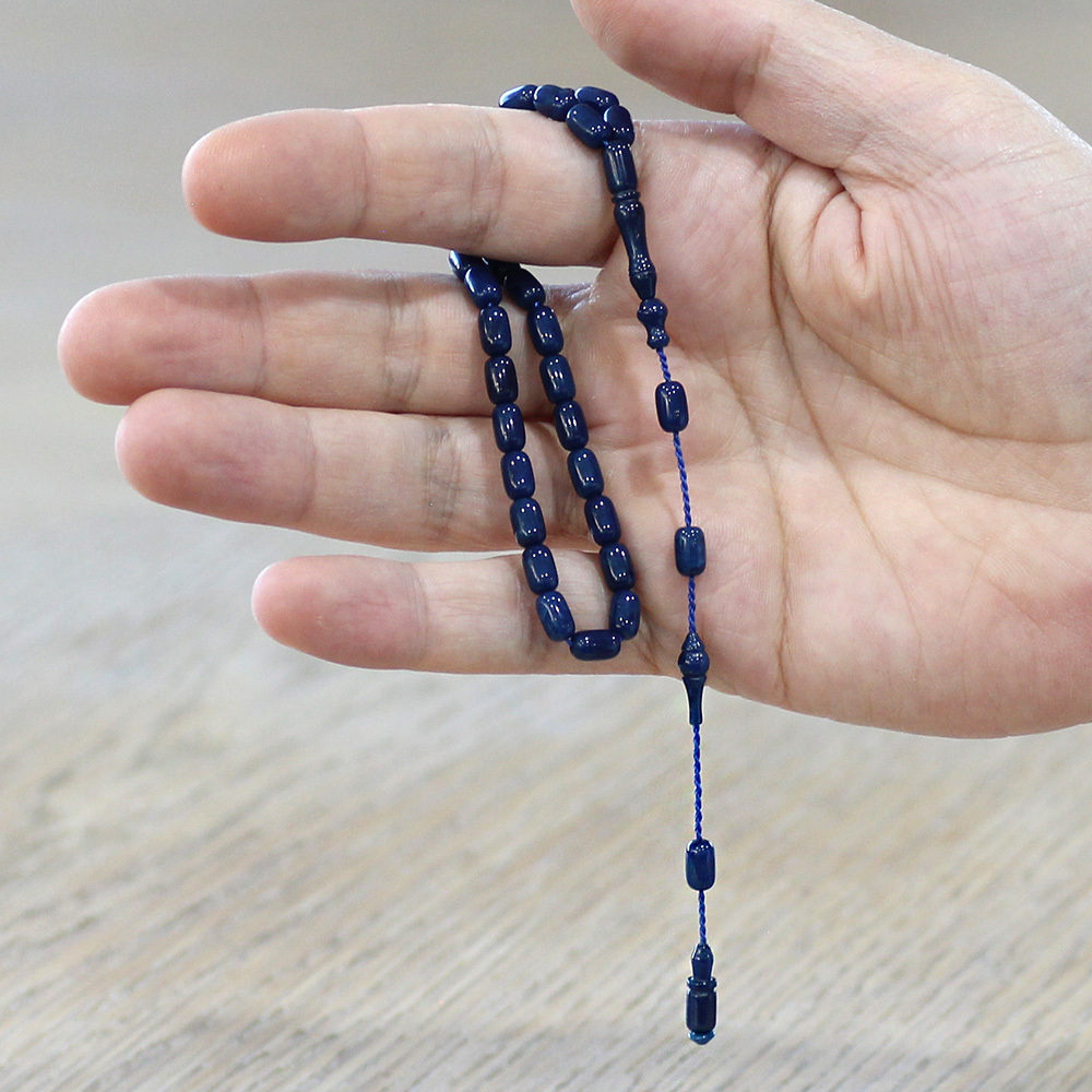 Sıkma Kehribar Tesbih - Sistemli Tasarım - Mini Boy - Mavi Beyaz Hareli - Kapsül Kesim - 2