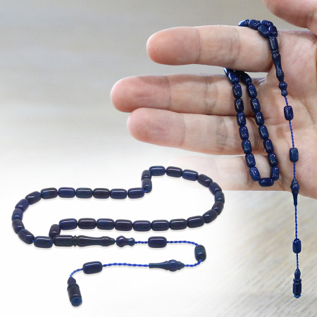 Sıkma Kehribar Tesbih - Sistemli Tasarım - Mini Boy - Mavi Beyaz Hareli - Kapsül Kesim - Tesbihane