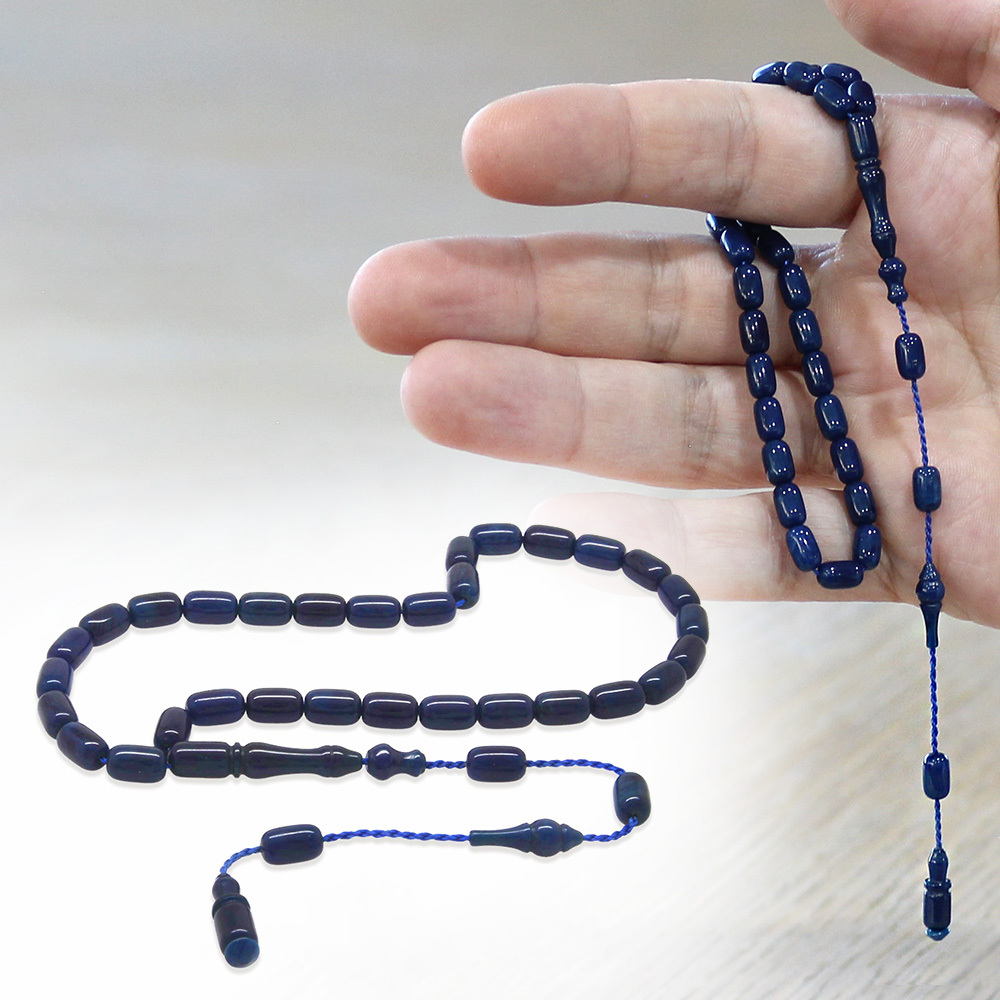 Sıkma Kehribar Tesbih - Sistemli Tasarım - Mini Boy - Mavi Beyaz Hareli - Kapsül Kesim - 1