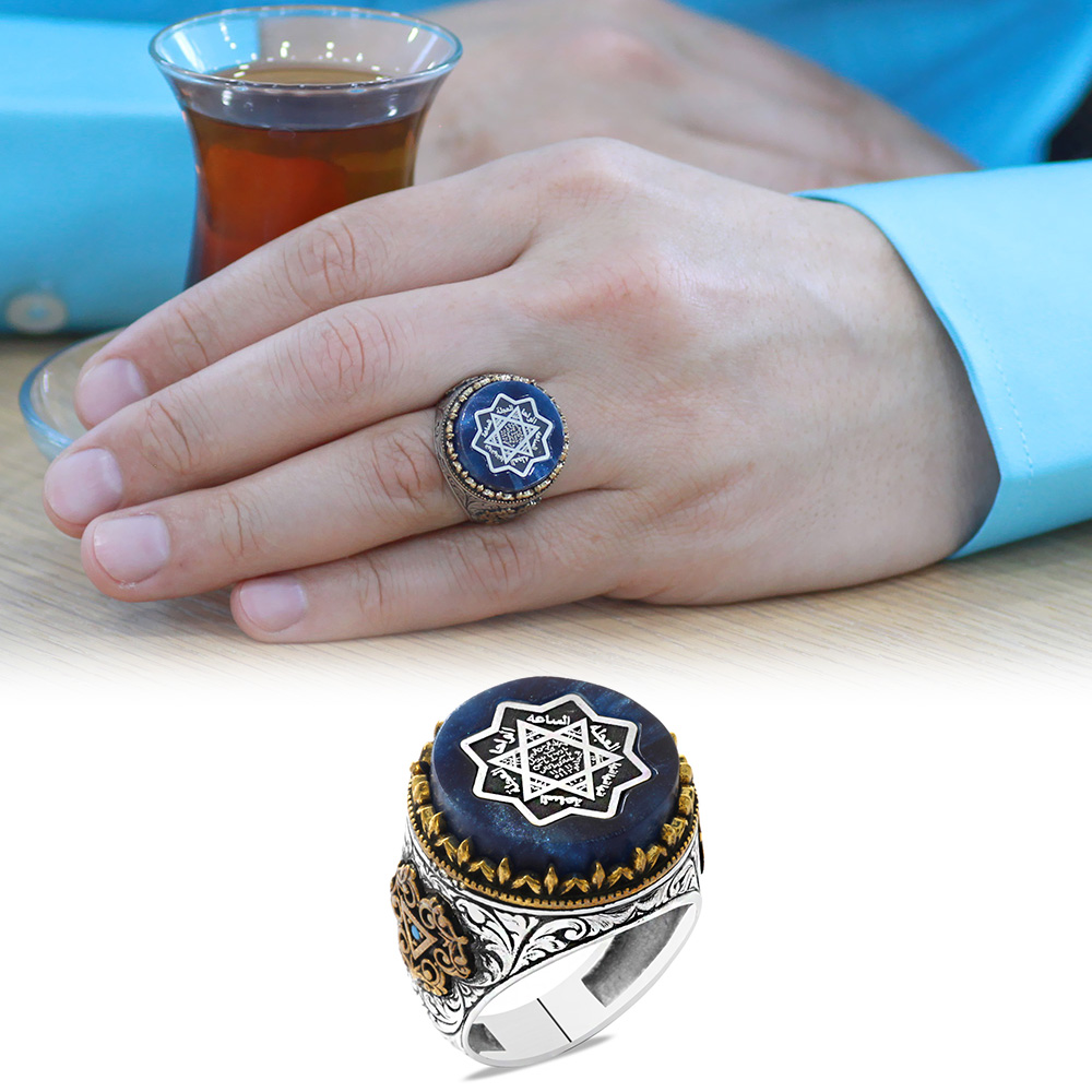 Sıkma Kehribar Üzerine Mührü Süleyman ve Duası İşlemeli 925 Ayar Gümüş Erkek Yüzük - 1