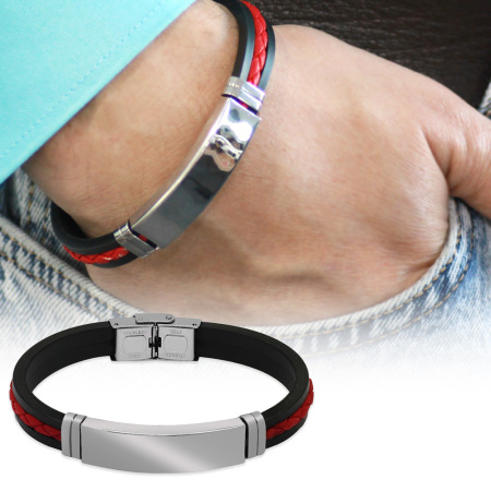 Silikon Kordonlu Gümüş Renk Çelik Plakalı Kırmızı İp Detaylı İsme Özel Harf Yazılı Erkek Bileklik - Tesbihane