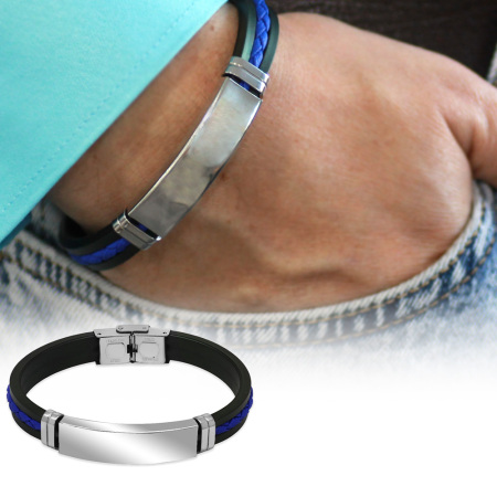 Silikon Kordonlu Gümüş Renk Çelik Plakalı Mavi İp Detaylı İsme Özel Veya Harf Yazılı Erkek Bileklik - Tesbihane