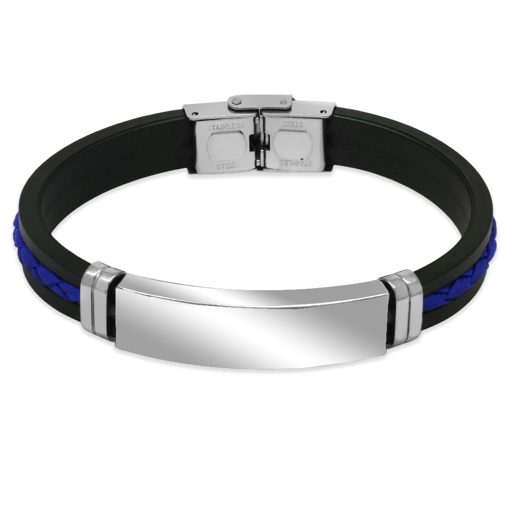 Silikon Kordonlu Gümüş Renk Çelik Plakalı Mavi İp Detaylı İsme Özel Veya Harf Yazılı Erkek Bileklik - 4