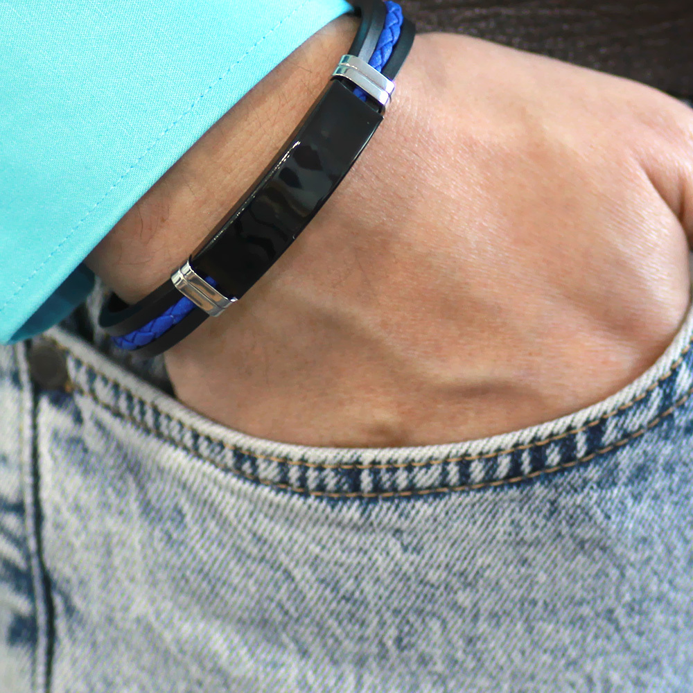 Silikon Kordonlu Gümüş Renk Çelik Plakalı Mavi İp Detaylı İsme Özel Veya Harf Yazılı Erkek Bileklik - 2