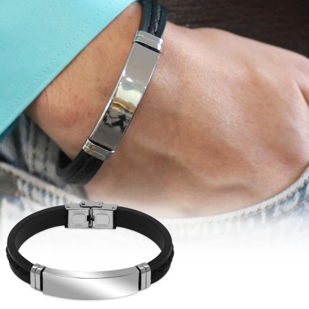 Silikon Kordonlu Gümüş Renk Çelik Plakalı Siyah İp Detaylı İsme Özel Veya Harf Yazılı Erkek Bileklik - Tesbihane