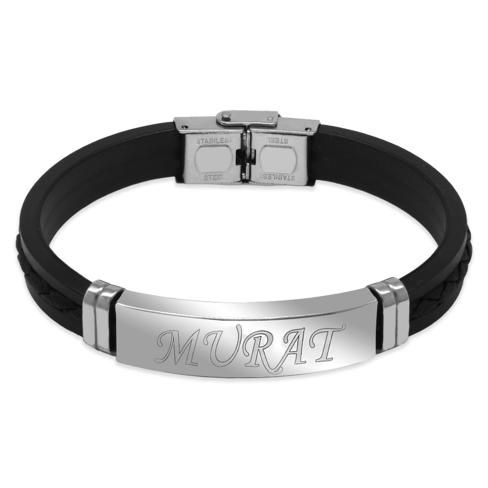 Silikon Kordonlu Gümüş Renk Çelik Plakalı Siyah İp Detaylı İsme Özel Veya Harf Yazılı Erkek Bileklik - 3