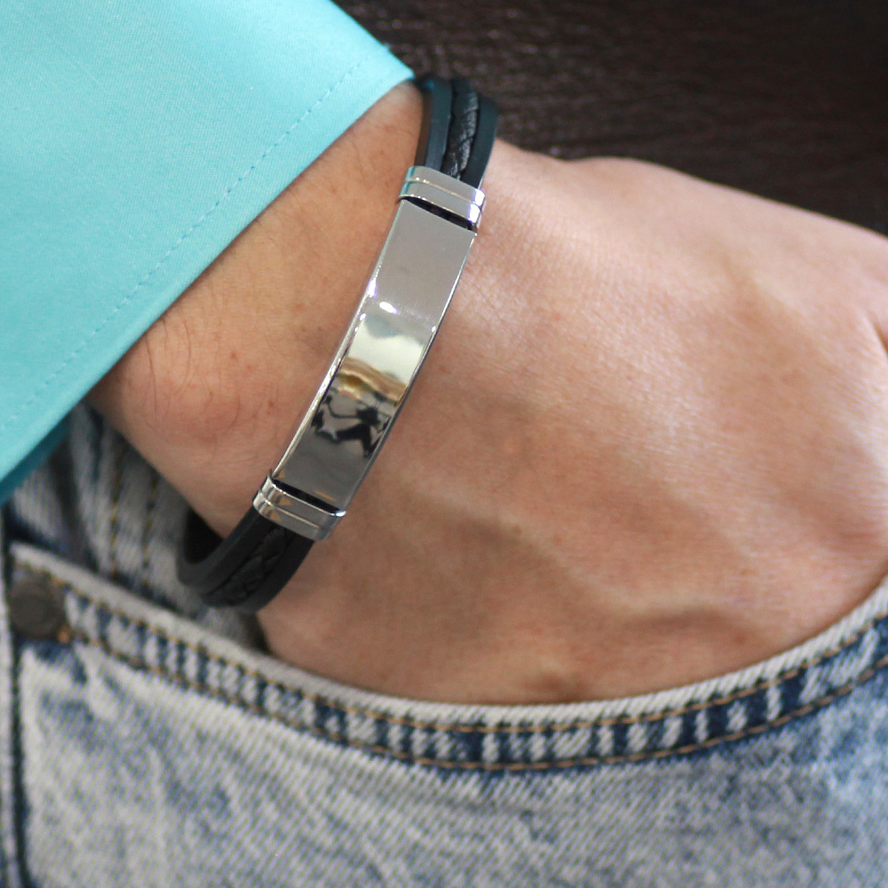 Silikon Kordonlu Gümüş Renk Çelik Plakalı Siyah İp Detaylı İsme Özel Veya Harf Yazılı Erkek Bileklik - 2