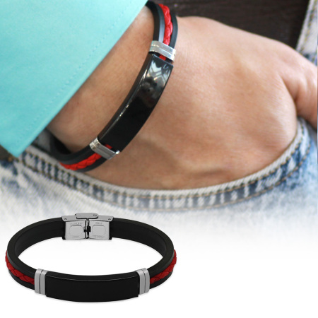 Silikon Kordonlu Siyah Çelik Plakalı Kırmızı İp Detaylı İsme Özel Veya Harf Yazılı Erkek Bileklik - Tesbihane