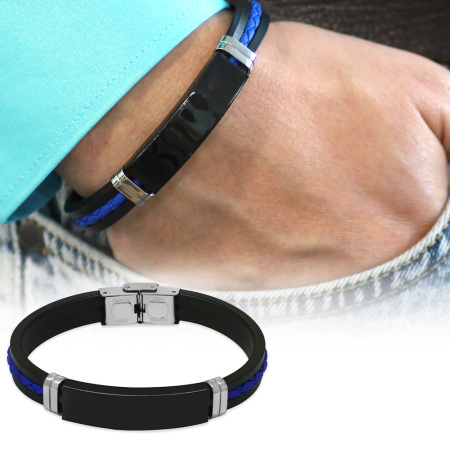 Silikon Kordonlu Siyah Çelik Plakalı Mavi İp Detaylı İsme Özel Yazılı Erkek Bileklik - Tesbihane