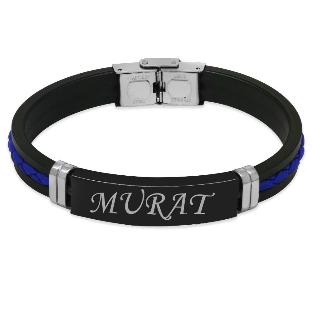 Silikon Kordonlu Siyah Çelik Plakalı Mavi İp Detaylı İsme Özel Yazılı Erkek Bileklik - 3