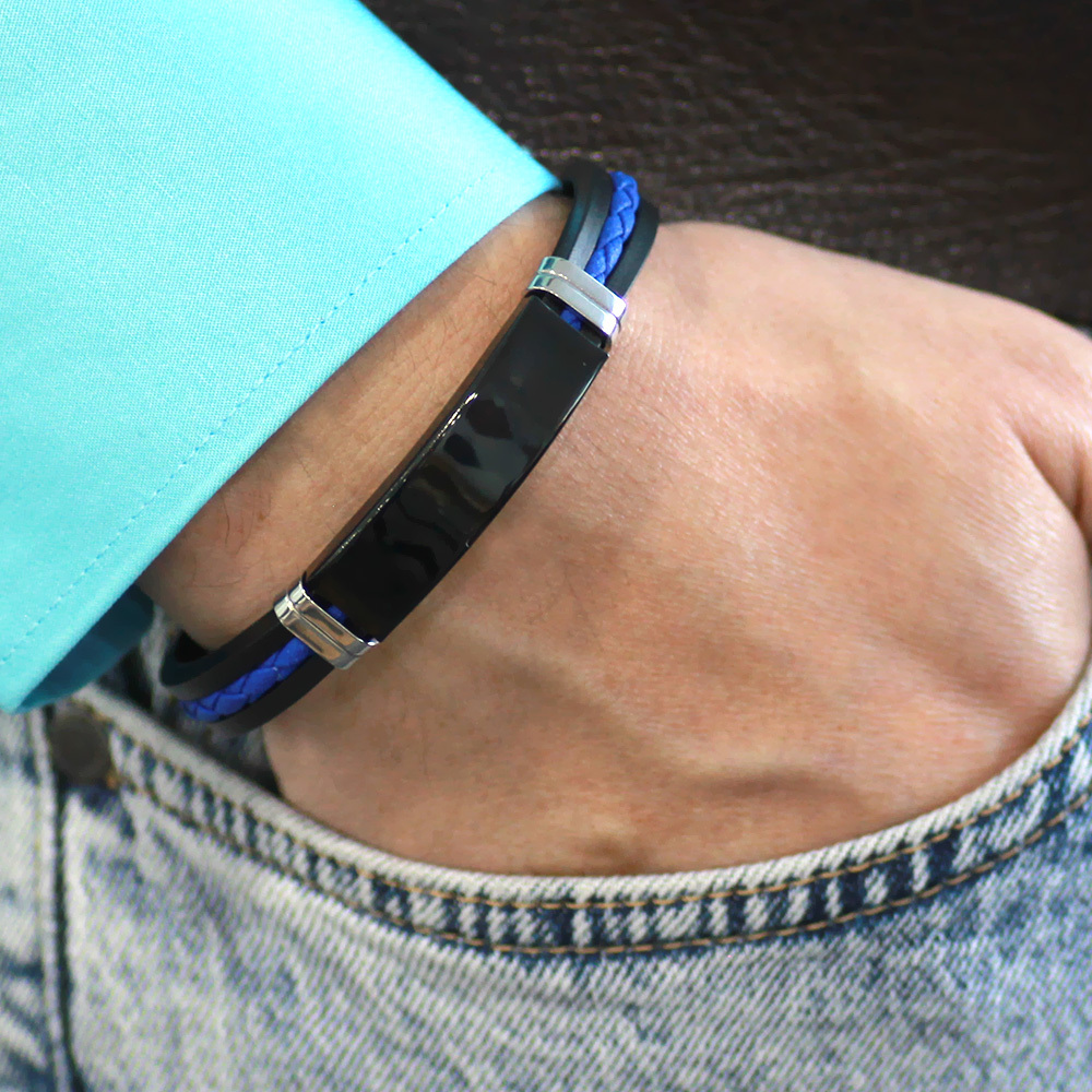 Silikon Kordonlu Siyah Çelik Plakalı Mavi İp Detaylı İsme Özel Yazılı Erkek Bileklik - 2