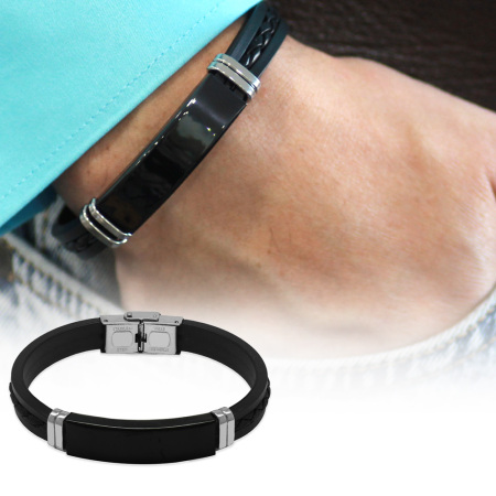 Silikon Kordonlu Siyah Çelik Plakalı Siyah İp Detaylı İsme Özel Veya Harf Yazılı Erkek Bileklik - Tesbihane