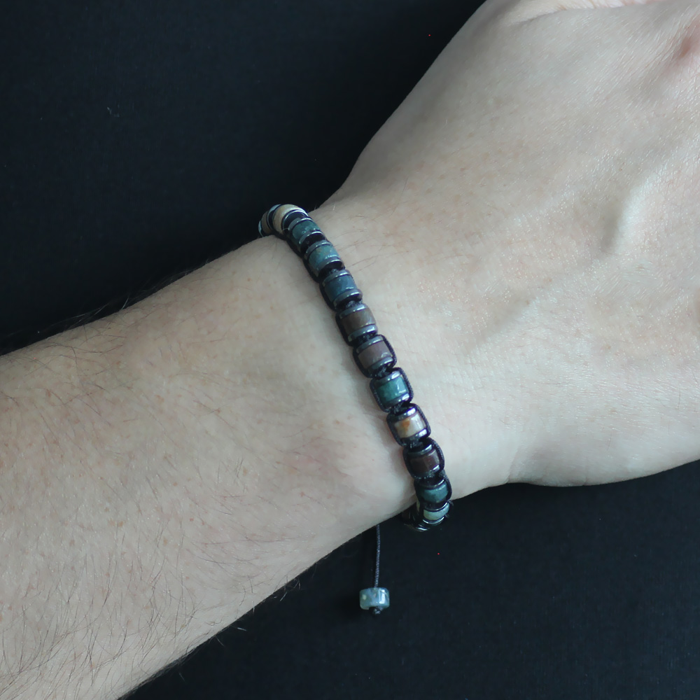 Silindir Kesim Makrome Örgülü Akik Hematit Kombinli Doğaltaş Erkek Bileklik - 2