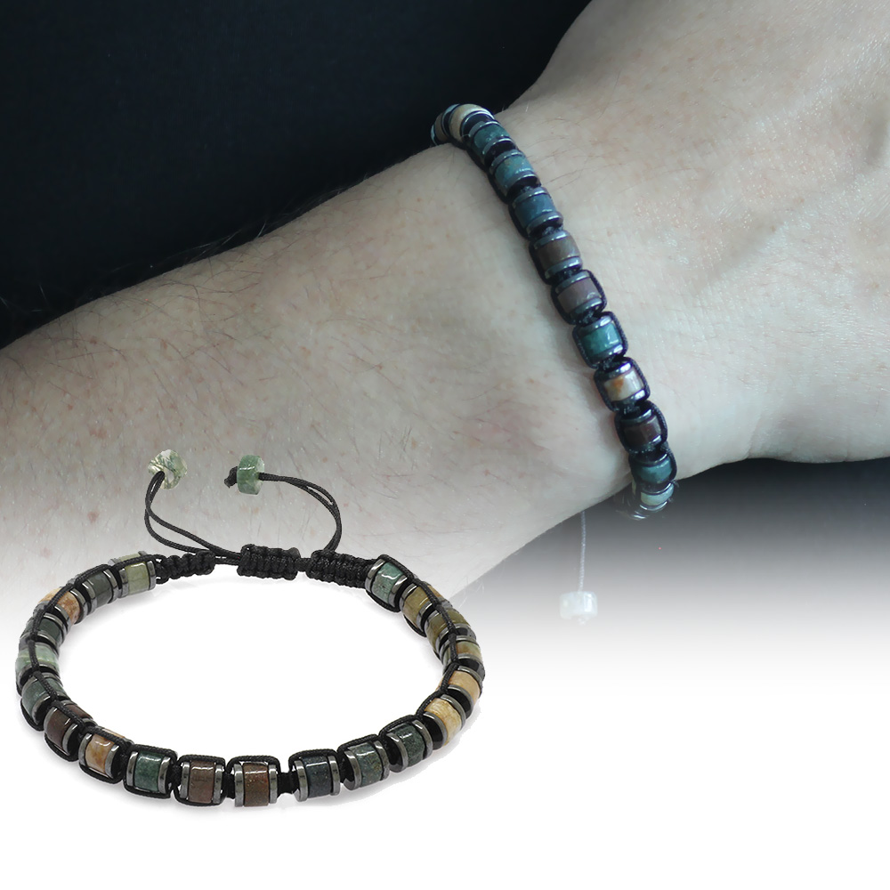 Silindir Kesim Makrome Örgülü Akik Hematit Kombinli Doğaltaş Erkek Bileklik - 1