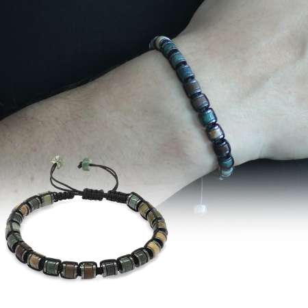 Silindir Kesim Makrome Örgülü Akik Hematit Kombinli Doğaltaş Erkek Bileklik - Tesbihane